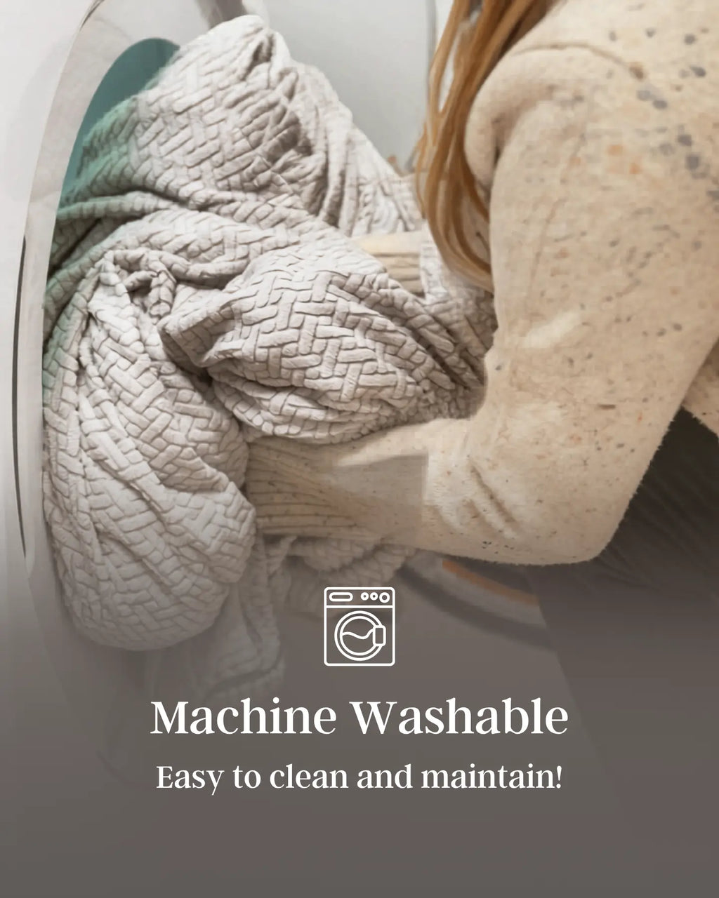 Person putting a large sofa cover in a washing machine with text 'Machine Washable' and 'Easy to clean and maintain!'.