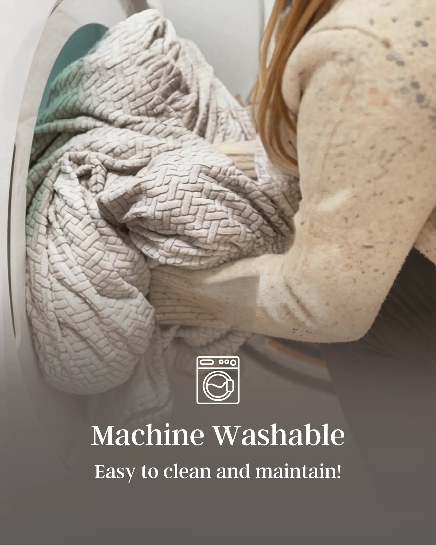 Person putting a large sofa cover in a washing machine with text 'Machine Washable' and 'Easy to clean and maintain!'.