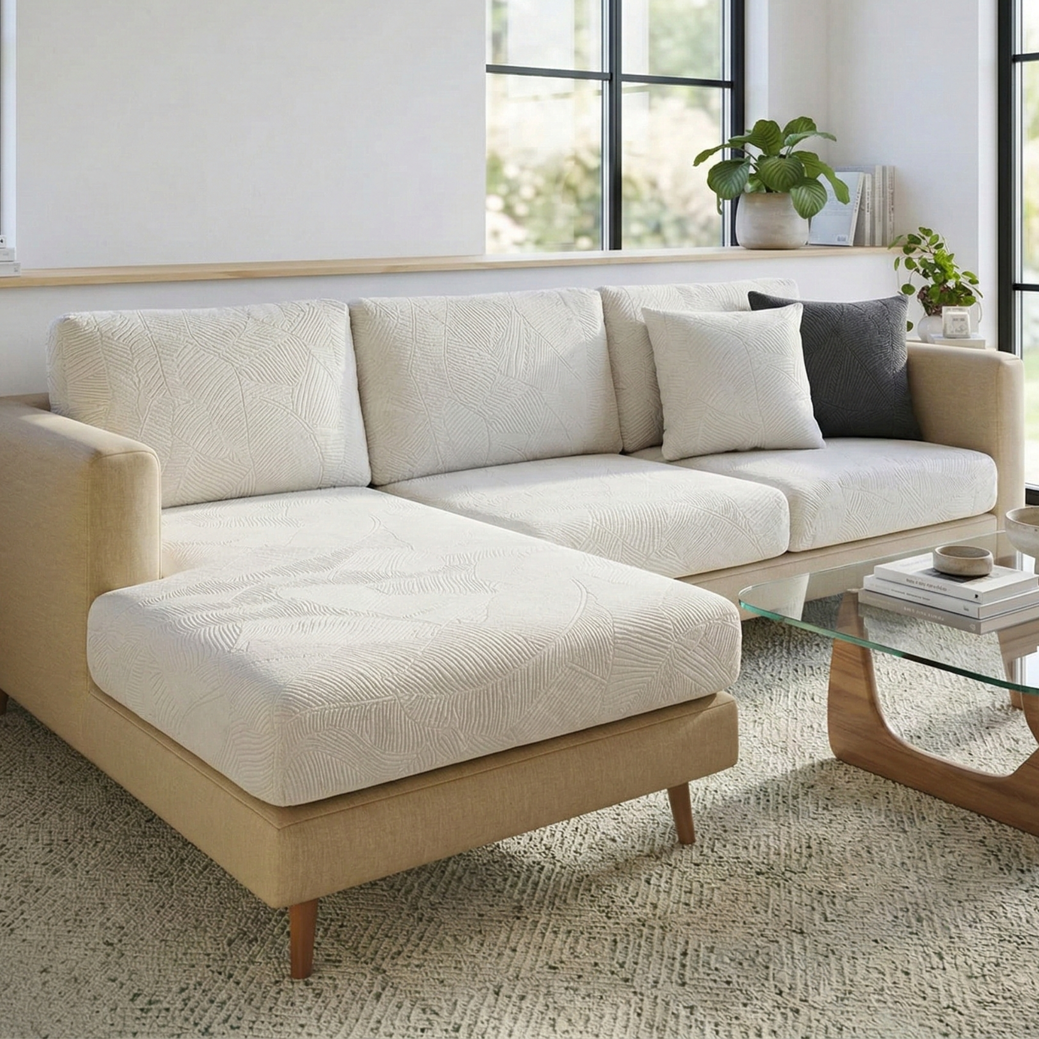 Beige sectional sofa covered with a textured leaf jacquard white sofa cover, in a living room. with a glass coffee table and decorative items.