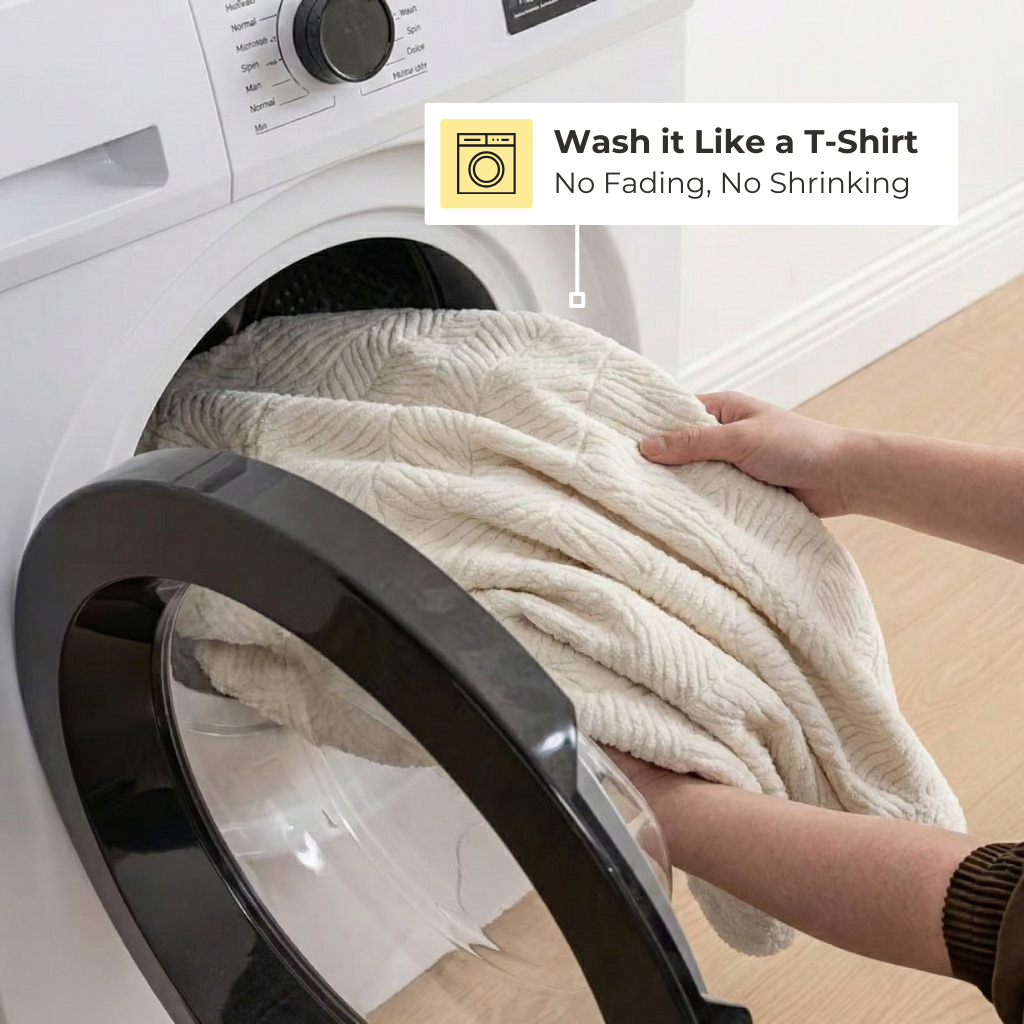 Person placing a white sofa cover into a washing machine with text about washing techniques, and showing easy wash.
