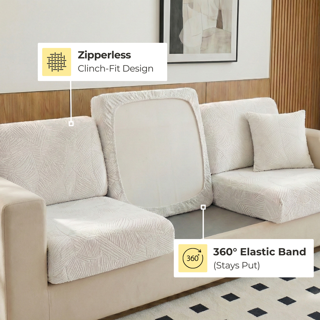 Beige sofa with a zipperless cover and 360° elastic band design, featuring 'Zipperless Clinch-Fit Design' and '360° Elastic Band' text.