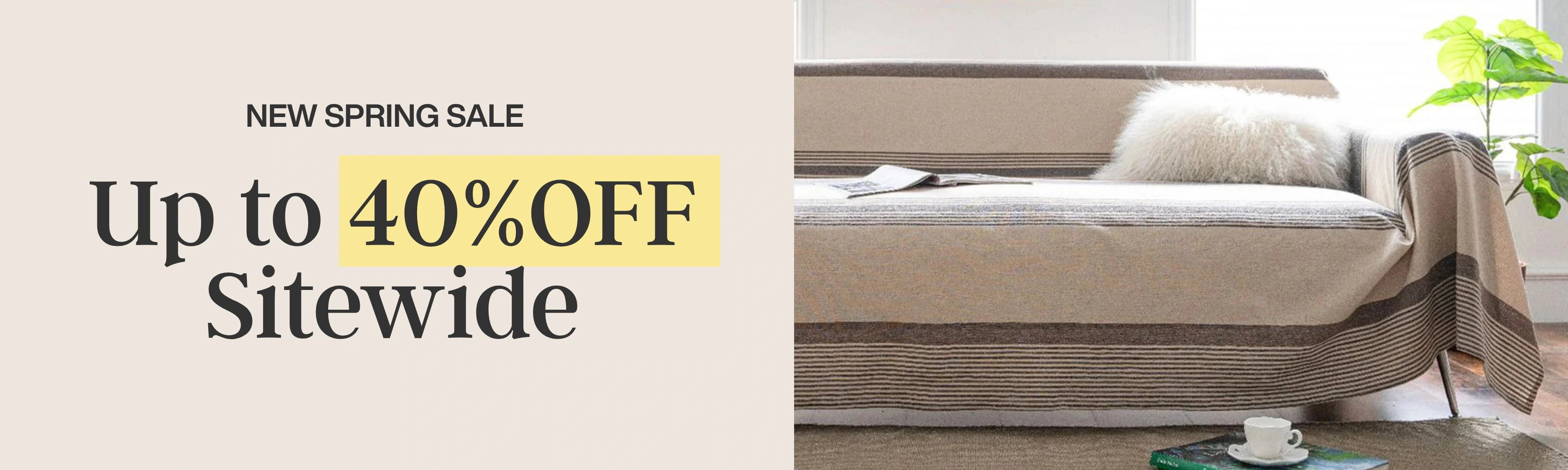 Promotional banner for a new spring sale with a discount offer on a Sofa Blanket in a Livingroom setting.